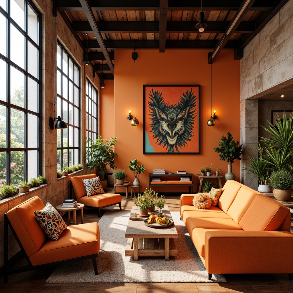 Prompt: Vibrant tangerine accents, modern minimalist spaces, sleek metal furnishings, bold color pops, warm inviting atmosphere, natural light pouring in, industrial chic backgrounds, distressed wood textures, eclectic decorative patterns, bohemian-inspired accessories, energetic orange hues, playful geometric shapes, youthful dynamic vibes, 1/2 composition, high contrast lighting, shallow depth of field.