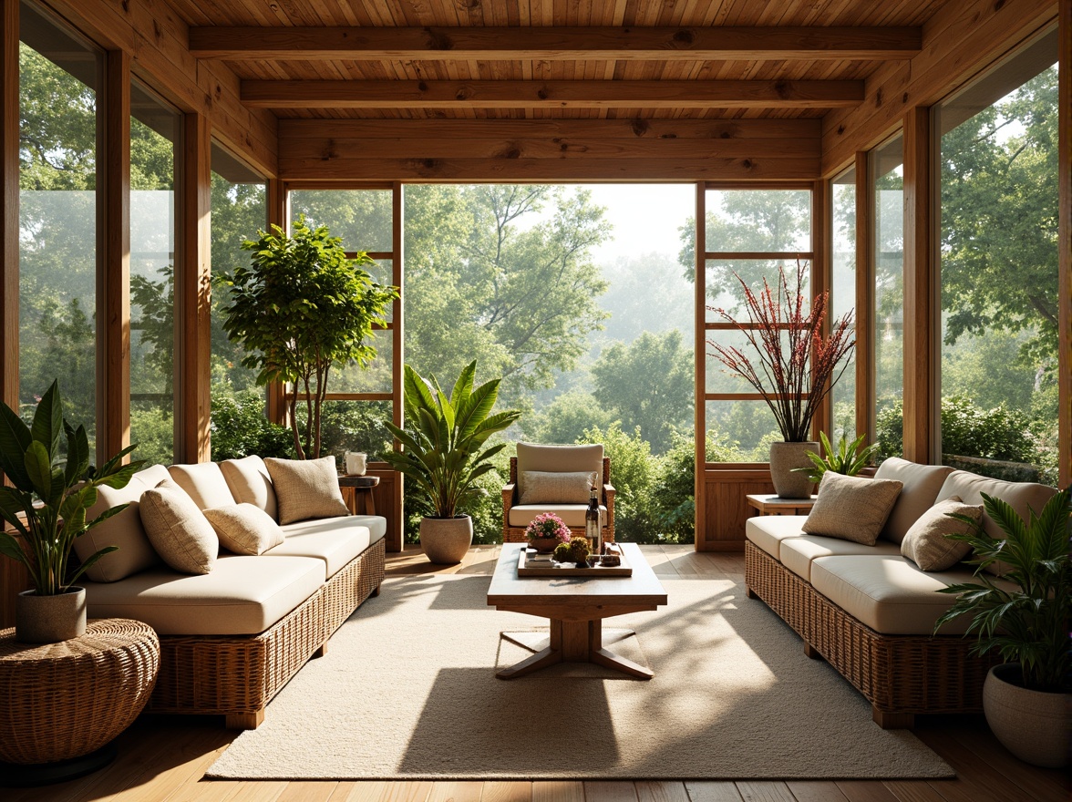 Prompt: Cozy sunroom, natural light pouring in, comfortable wicker furniture, plush cushions, soft beige upholstery, warm wood accents, rustic metal frames, lush greenery, vibrant flowers, glass coffee table, woven rattan chairs, tropical plants, sunny day, bright ambiance, shallow depth of field, 3/4 composition, panoramic view, realistic textures, ambient occlusion.