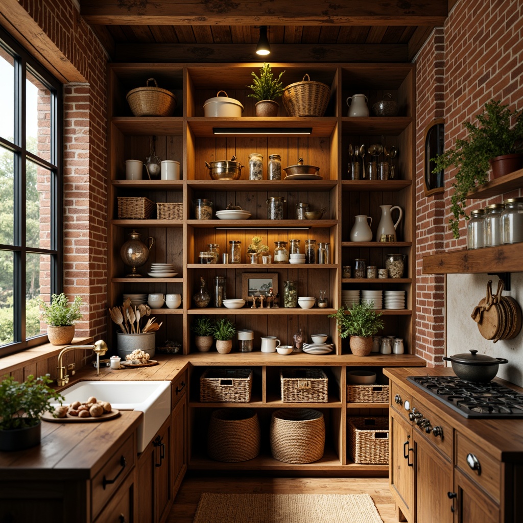 Prompt: Cozy pantry, warm wooden shelves, rustic brick walls, earthy color palette, soft golden lighting, vintage metal storage bins, woven wicker baskets, ceramic jars, antique cooking utensils, distressed finishes, farmhouse-inspired decor, natural textiles, rich aromas, abundant food storage, clever organizational systems, open shelving, decorative spice racks, ornate cabinet hardware, inviting atmosphere, shallow depth of field, 3/4 composition, warm color grading.