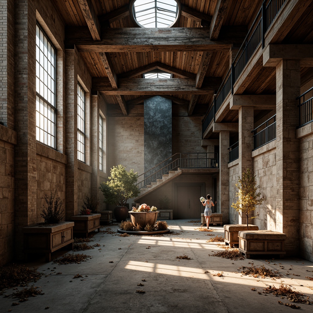 Prompt: Richly detailed industrial building, exposed brick walls, rough-hewn wooden beams, metal accents, distressed concrete floors, textured stone cladding, ornate metalwork, intricate stonework, warm earthy tones, dramatic lighting, deep shadows, atmospheric misting, 1/1 composition, shallow depth of field, realistic textures, ambient occlusion.