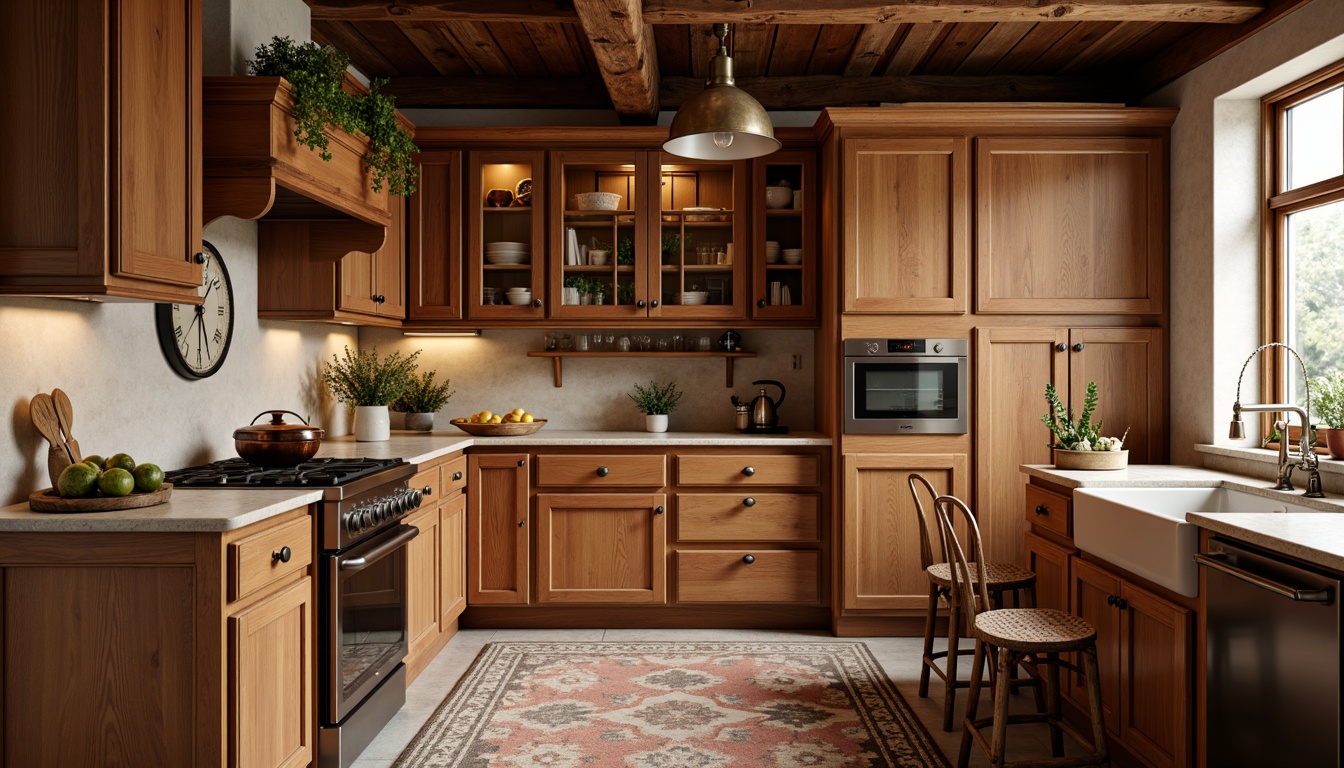 Prompt: Warm cabinetry, rich wood tones, earthy color palette, traditional craftsmanship, ornate carvings, decorative trims, raised panel doors, soft warm lighting, cozy kitchen atmosphere, rustic stone countertops, farmhouse sink, apron-front cabinets, bronze hardware, natural linen textures, woven baskets, botanical patterns, earthy scent, 1/1 composition, realistic wood grain, ambient occlusion.