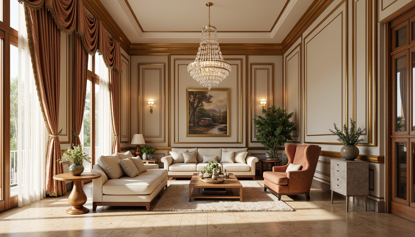 Prompt: Elegant classic interior, rich wood tones, ornate furnishings, velvet drapes, golden accents, soft cream walls, intricate moldings, luxurious fabrics, subtle sheen, warm beige marble floors, refined crystal chandeliers, sophisticated neutral palette, calming atmosphere, gentle natural light, shallow depth of field, 1/1 composition, realistic textures, ambient occlusion.