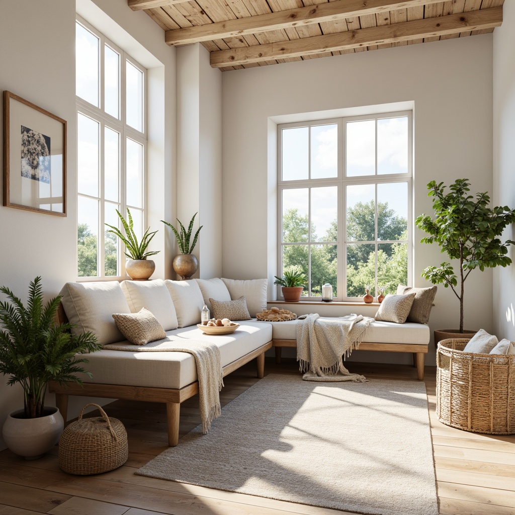 Prompt: Minimalist Scandinavian interior, large windows, white walls, light wood floors, rustic wooden accents, cozy reading nook, plush throw blankets, natural textiles, woven baskets, greenery, potted plants, soft diffused lighting, warm atmosphere, morning sunlight, 1/1 composition, shallow depth of field, realistic textures, ambient occlusion.