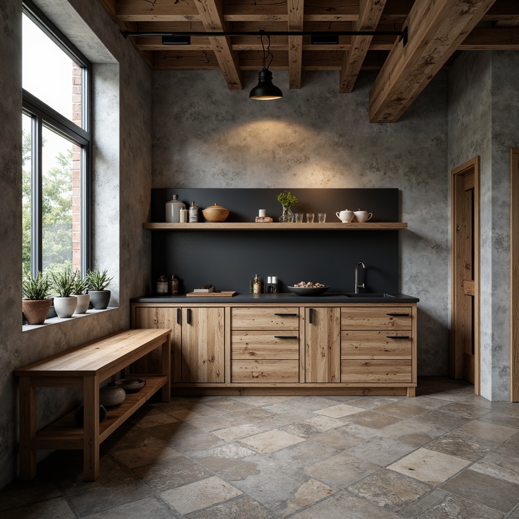 Prompt: Exposed concrete walls, rough-hewn wooden cabinets, matte black countertops, industrial-style metal fixtures, rugged stone floors, distressed finishes, minimalist decor, neutral color palette, warm task lighting, 3/4 composition, shallow depth of field, realistic textures, ambient occlusion.