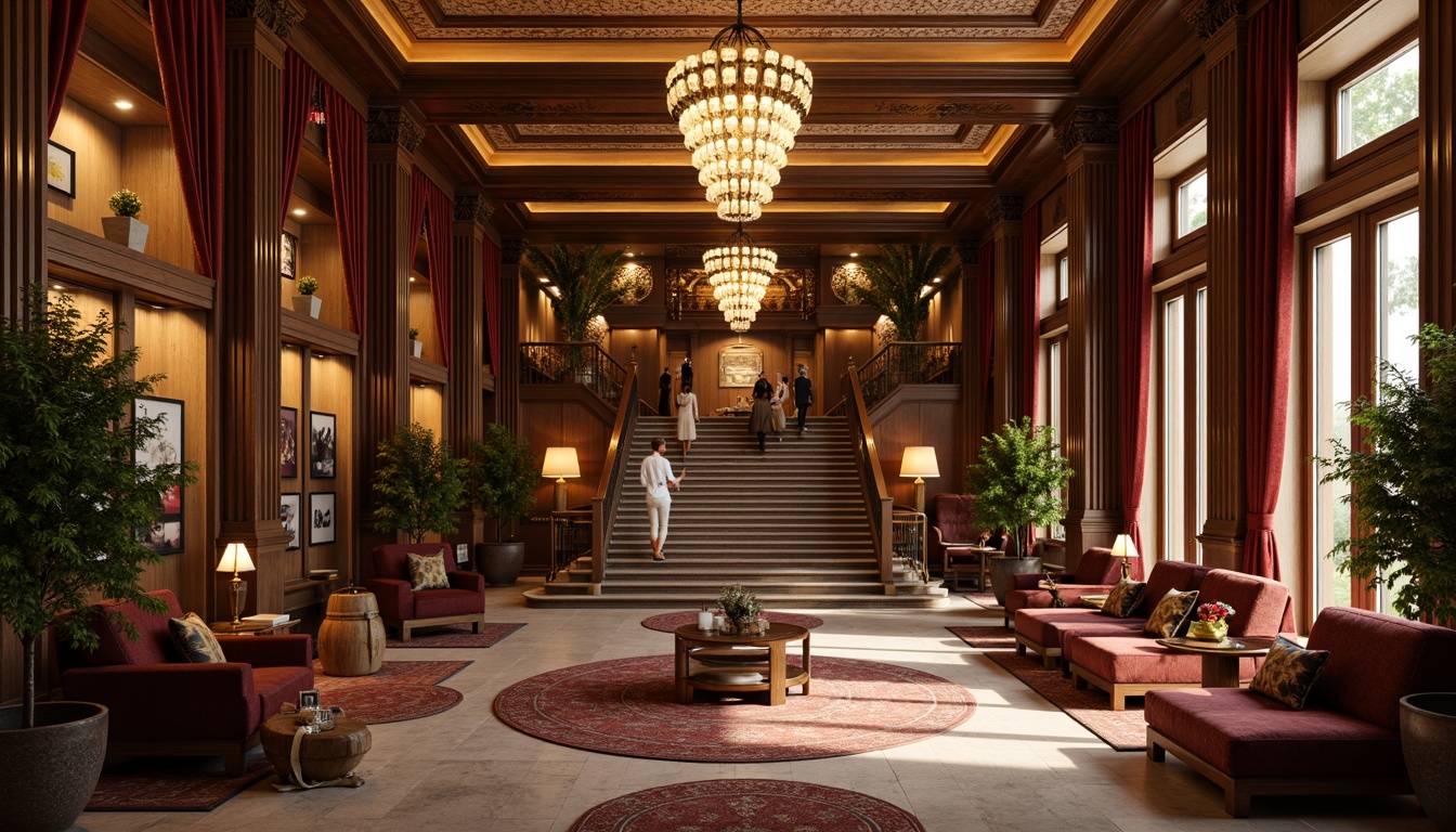 Prompt: Luxurious hotel lobby, grand staircase, ornate chandeliers, rich velvet fabrics, intricate wood carvings, marble floors, ornamental columns, classic furniture pieces, elegant upholstery, subtle patterned rugs, warm golden lighting, soft focus blur, shallow depth of field, 1/1 composition, realistic textures, ambient occlusion.