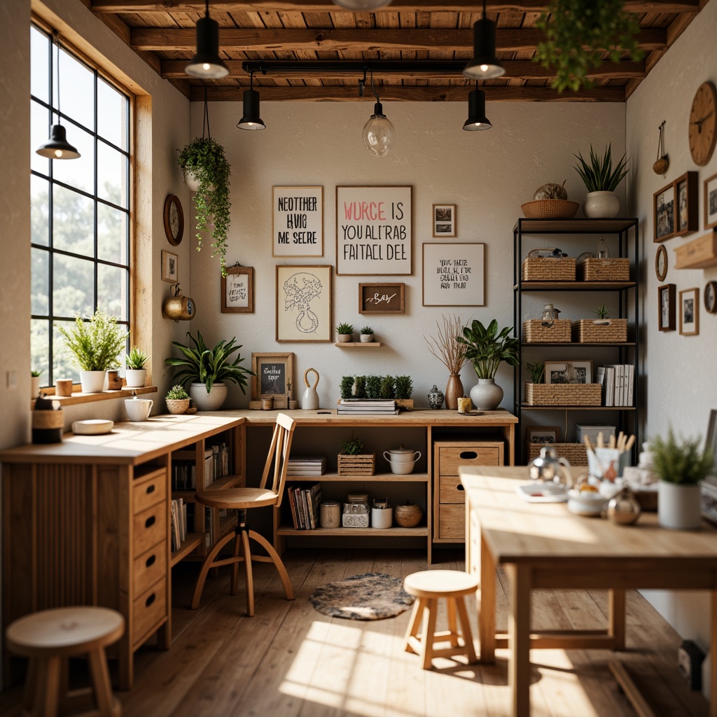 Prompt: Cozy craft room, wooden worktables, ergonomic stools, storage cabinets, natural wood textures, warm beige colors, task lighting, comfortable seating areas, woven baskets, creative displays, inspirational quotes, organized supply stations, metal shelving units, rustic wooden crates, vintage crafting tools, soft warm ambiance, shallow depth of field, 1/1 composition, realistic textures.