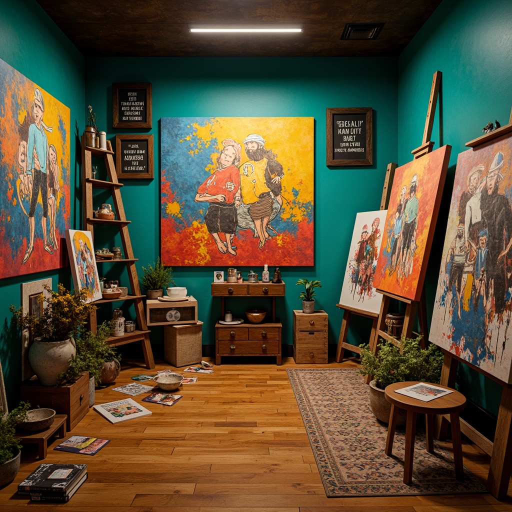 Prompt: Vibrant art studio, bold color palette, expressive brushstrokes, textured canvases, abstract shapes, dynamic compositions, intense emotional atmosphere, moody lighting, rich turquoise walls, warm golden wooden floors, eclectic artist's furniture, scattered paint tubes, inspirational quotes, artistic freedom, bohemian vibe, 3/4 composition, low-key lighting, dramatic shadows, abstract expressionist artwork, bold color blocking, emotive gestures, dynamic energy, avant-garde style.