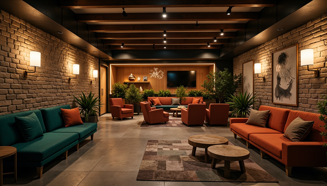 Prompt: Cozy basement, warm atmosphere, earthy tones, rich wood accents, soft creamy whites, deep blues, emerald greens, warm beige, comfortable seating, rustic stone walls, industrial metal beams, modern LED lighting, intimate ambiance, dramatic shadows, 1/2 composition, moody color grading, realistic textures, ambient occlusion.