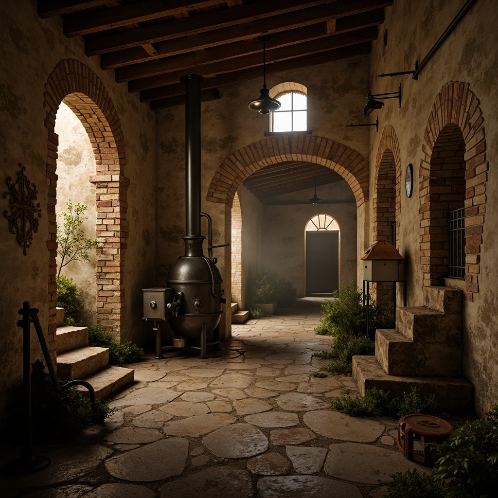 Prompt: Rustic monastery walls, distressed stone surfaces, worn wooden beams, vintage industrial machinery, metal pipes, dimly lit atmosphere, warm golden lighting, soft shadows, rough-hewn stones, aged brick arches, mysterious alcoves, ornate ironwork, faded frescoes, peeling plaster, atmospheric fog, low-key color palette, cinematic composition, high-contrast textures, dramatic chiaroscuro.