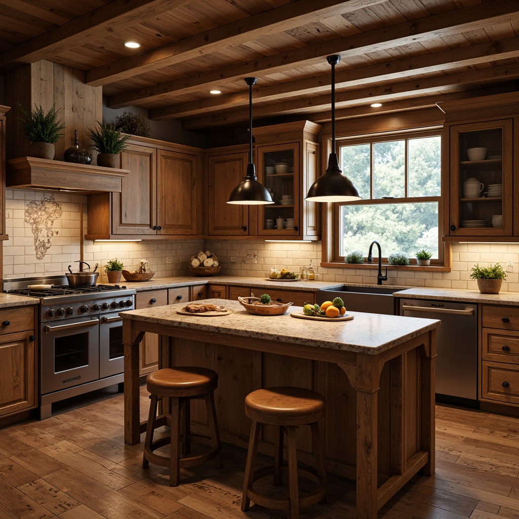 Prompt: Rustic kitchen, wooden cabinetry, earthy tones, natural stone countertops, granite patterns, butcher block island, warm ambient lighting, soft focus, shallow depth of field, 2/3 composition, cozy atmosphere, vintage appliances, distressed wood accents, ceramic tile backsplash, pendant lights, farmhouse sink, oil-rubbed bronze hardware, worn leather stools.