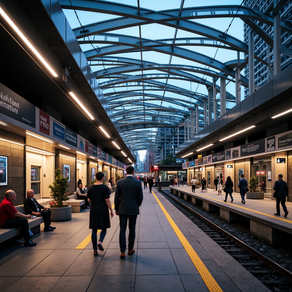 Prompt: \Bustling metro station, sleek modern architecture, curved steel beams, gleaming glass roofs, vibrant LED lighting, dynamic passenger flow, efficient wayfinding systems, intuitive signage, spacious platforms, comfortable seating areas, natural stone flooring, urban cityscape views, rush hour atmosphere, soft diffused lighting, shallow depth of field, 1/2 composition, wide-angle lens, realistic textures, ambient occlusion.\