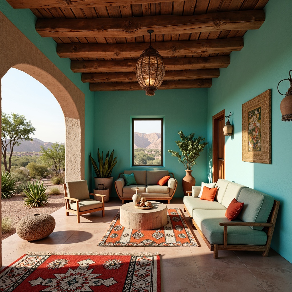 Prompt: Vibrant turquoise accents, rustic wooden beams, adobe-inspired architecture, terracotta pottery, colorful woven textiles, geometric patterned rugs, statement lighting fixtures, natural stone flooring, earthy color palette, desert landscape views, cactus plants, warm sunny day, soft warm lighting, shallow depth of field, 3/4 composition, panoramic view, realistic textures, ambient occlusion.