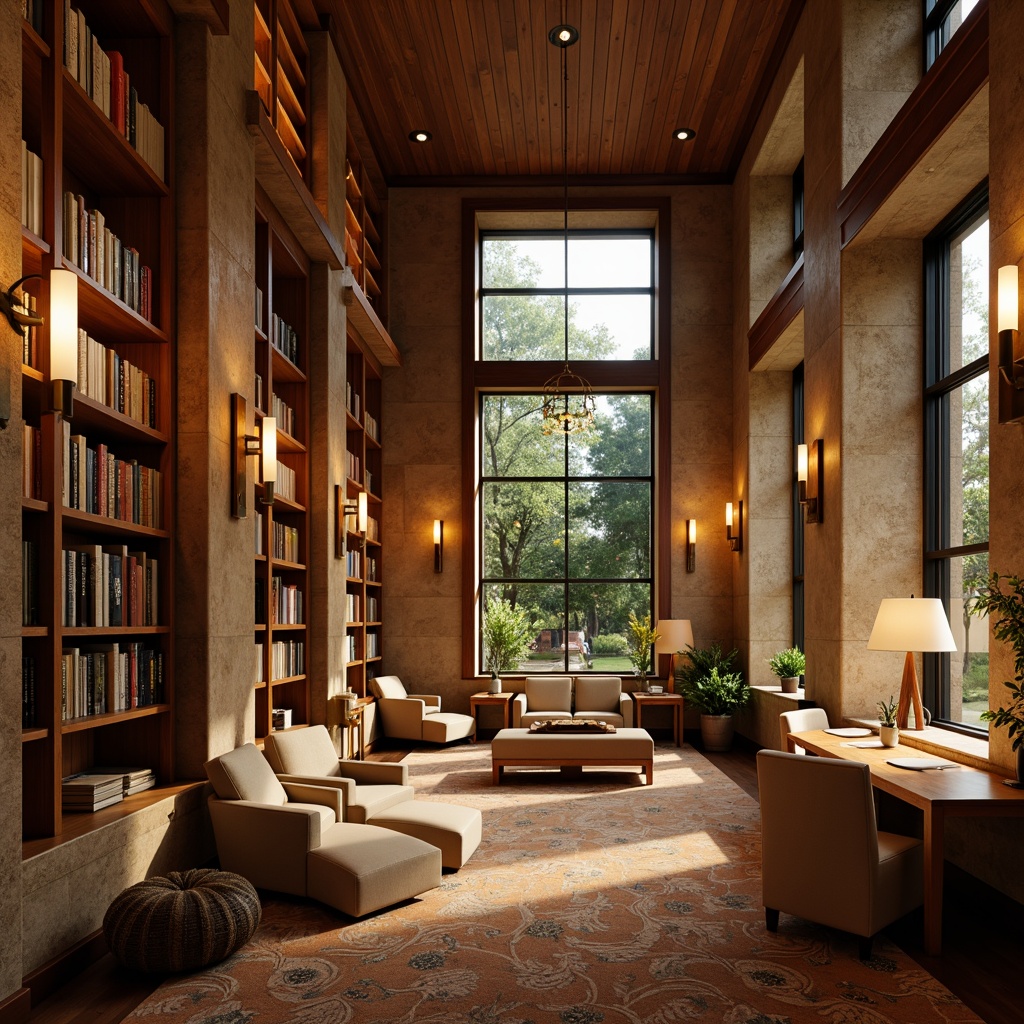 Prompt: Warm library interior, rich wood tones, comfortable seating areas, floor lamps, table lamps, soft warm lighting, cozy reading nooks, plush carpets, natural stone walls, wooden bookshelves, tall windows, diffused daylight, subtle color palette, calming ambiance, modern minimalist fixtures, energy-efficient LED lights, cove lighting, recessed lighting, textured glass shades, metallic accents, elegant chandeliers, warm beige colors, inviting atmosphere, 1/2 composition, shallow depth of field, soft focus.