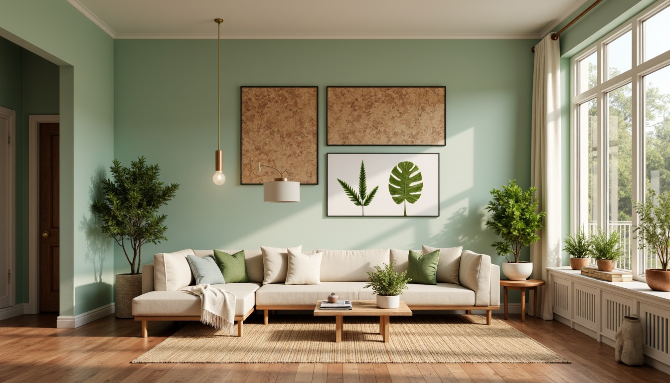 Prompt: Soft mint walls, natural cork accents, earthy terracotta floors, woven jute rugs, lush greenery, botanical prints, minimalist decor, creamy white trim, warm beige furniture, soft golden lighting, shallow depth of field, 1/1 composition, realistic textures, ambient occlusion.