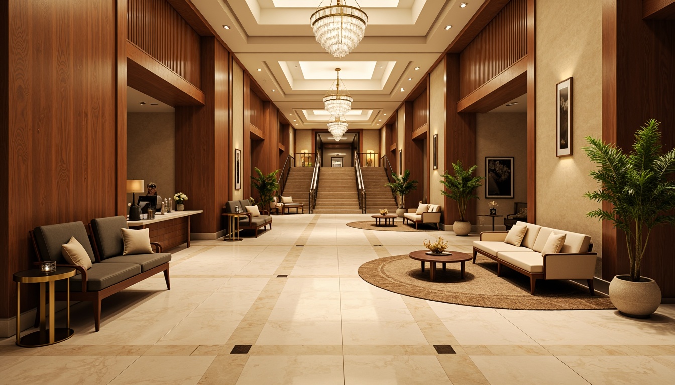 Prompt: Luxurious hotel lobby, rich wooden panels, creamy marble floors, ornate chandeliers, plush velvet sofas, warm beige walls, golden accents, intricate moldings, elegant archways, grand staircases, soft cream lighting, shallow depth of field, 1/2 composition, warm neutral color palette, earthy tones, natural textures, ambient occlusion.