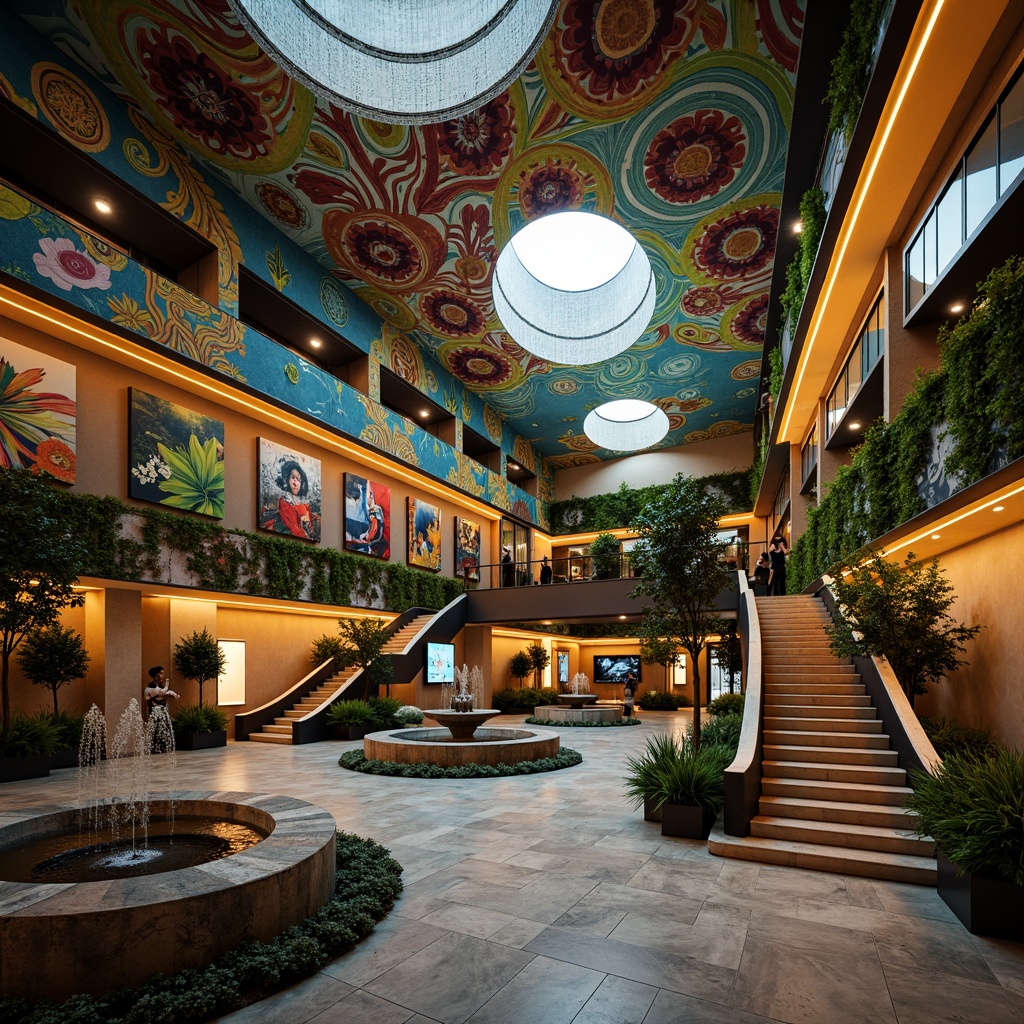 Prompt: Vibrant artistic murals, eclectic sculptures, ornate fountains, whimsical mosaics, lush green walls, bold colorful accents, avant-garde lighting fixtures, abstract geometric patterns, futuristic curves, sleek metallic surfaces, luxurious velvet fabrics, opulent marble textures, dramatic high ceilings, grand staircases, elegant chandeliers, sophisticated ambient lighting, cinematic camera angles, 1/1 composition, soft focus blur, warm golden hour light.