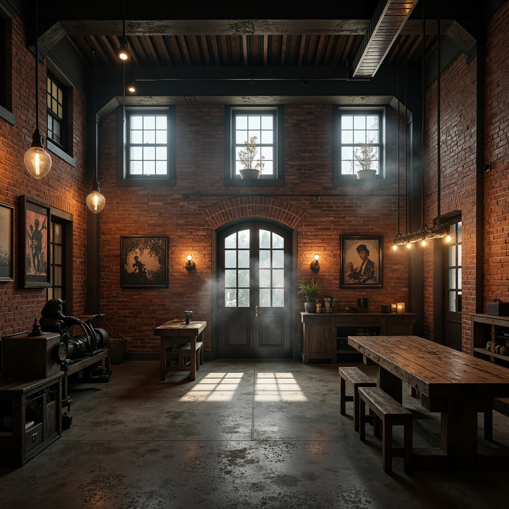 Prompt: Exposed brick walls, metal beams, reclaimed wood accents, distressed concrete floors, industrial-style lighting fixtures, vintage factory machinery, eclectic artwork, urban loft atmosphere, converted warehouse space, rustic metal doors, Edison bulbs, moody color palette, dramatic shadows, low-key ambient lighting, cinematic composition, gritty textures, atmospheric fog.