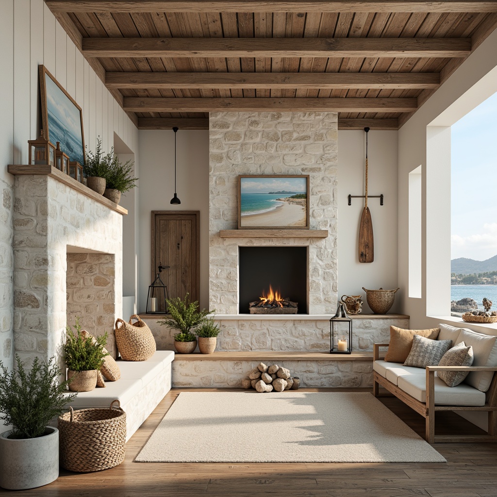 Prompt: Rustic farmhouse, distressed wood accents, reclaimed barn doors, vintage metal lanterns, weathered stone walls, soft creamy whites, calming blues, natural linen fabrics, woven sea grass baskets, driftwood decorations, potted succulents, nautical ropes, antique wooden oars, whitewashed brick fireplaces, plank flooring, shiplap ceilings, ocean-inspired artwork, serene coastal views, warm golden lighting, shallow depth of field, 1/2 composition, realistic textures, ambient occlusion.