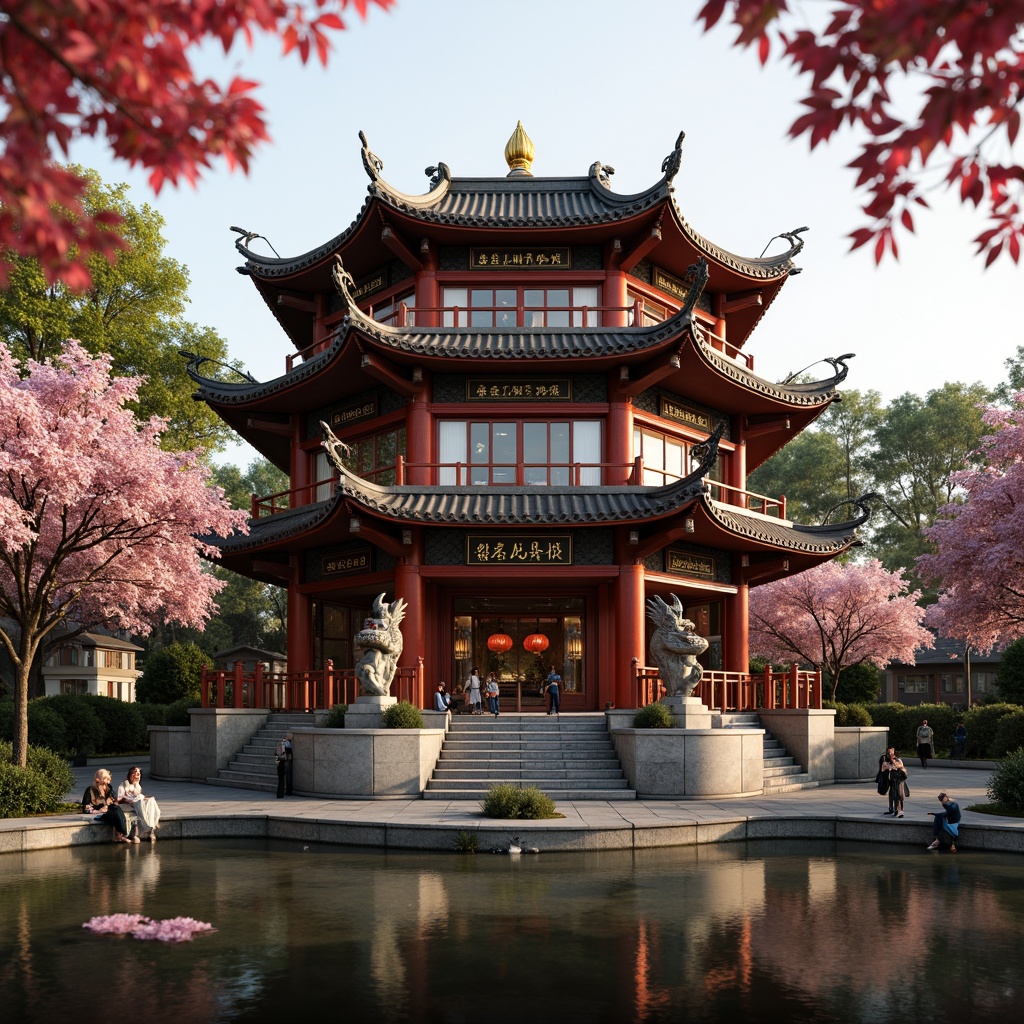 Prompt: Traditional Chinese pagoda, intricately carved wooden latticework, vibrant red lanterns, majestic dragon sculptures, ornate golden accents, serene natural surroundings, peaceful water features, lush greenery, blooming cherry blossoms, soft warm lighting, shallow depth of field, 3/4 composition, panoramic view, realistic textures, ambient occlusion.