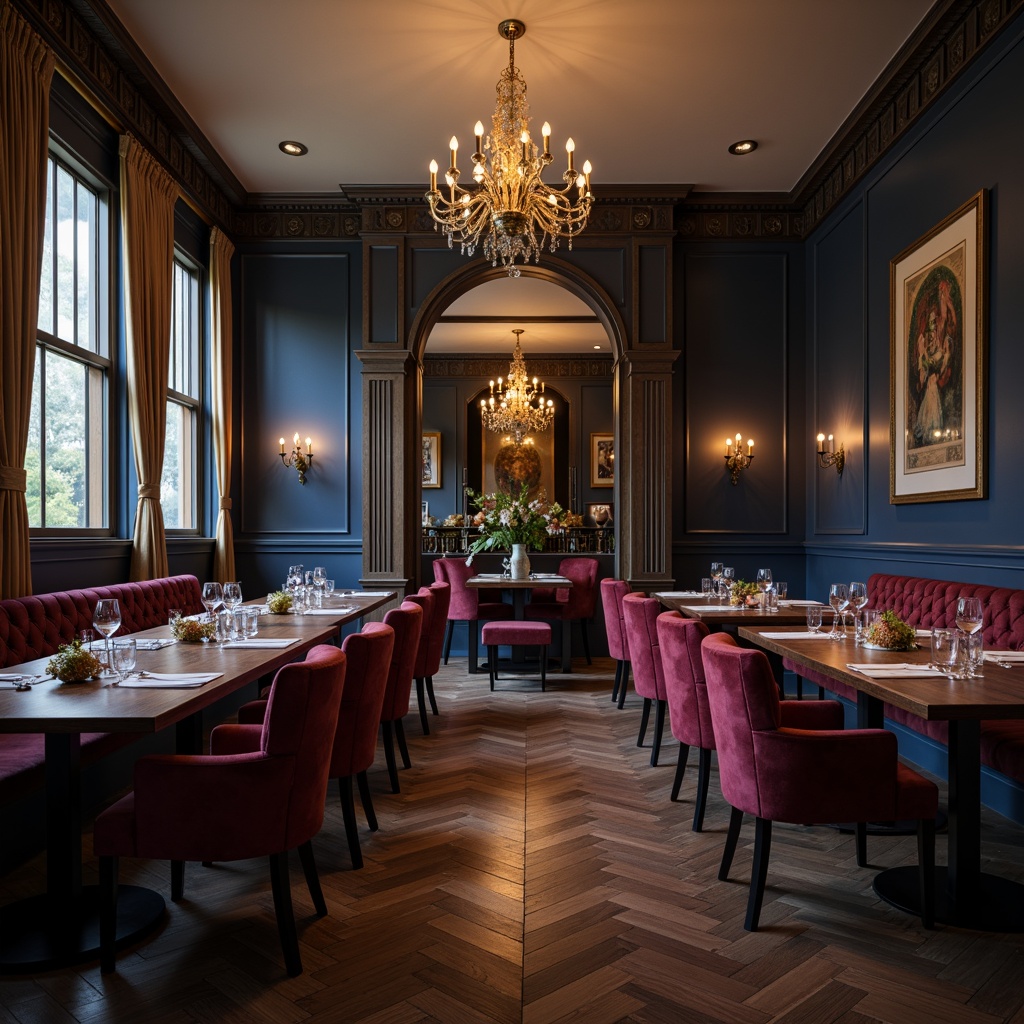 Prompt: Rich blue-violet accent walls, dark wood flooring, elegant dining tables, velvet upholstered chairs, ornate chandeliers, luxurious drapery, subtle gold metallic accents, warm beige undertones, sophisticated candlelighting, shallow depth of field, 1/1 composition, soft focus, realistic textures, ambient occlusion.