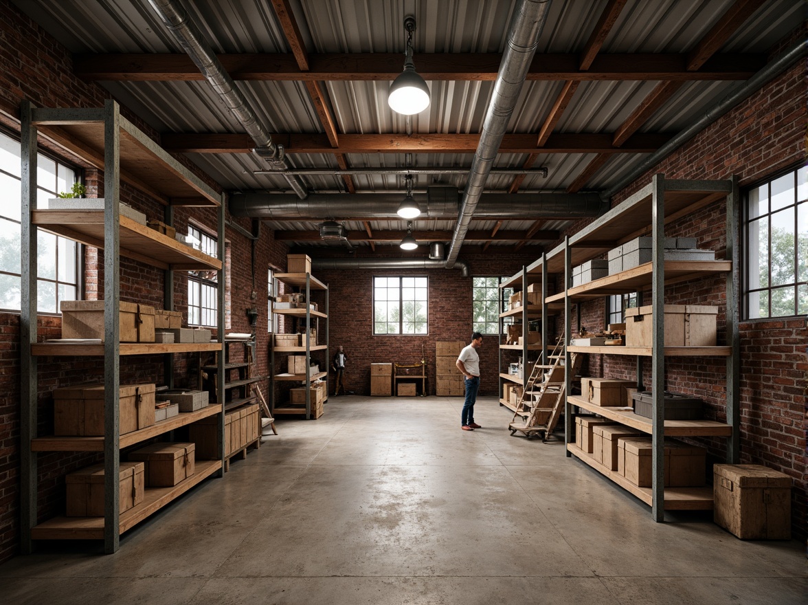 Prompt: Industrial storage room, metal shelving units, concrete floors, exposed brick walls, corrugated steel ceilings, functional lighting, rustic wooden crates, worn leather straps, distressed metal accents, earthy tone color palette, rough-hewn stone textures, industrial-style piping, metallic sheen, low-key ambient lighting, shallow depth of field, 2/3 composition, realistic renderings, subtle grain noise.