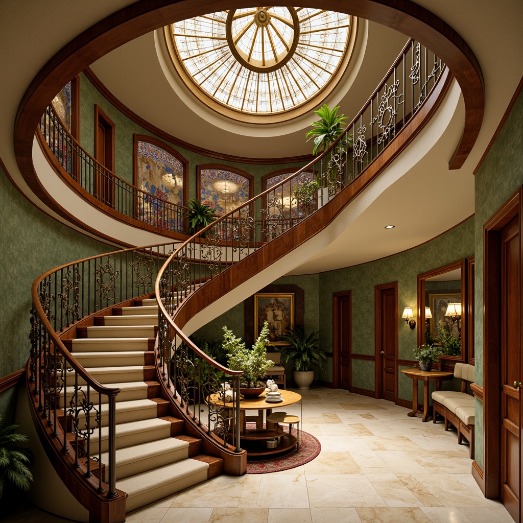 Prompt: Intricate Art Nouveau staircase, flowing organic curves, ornate metal railings, polished brass fixtures, warm golden lighting, rich walnut wood tones, luxurious velvet upholstery, soft sage green walls, subtle cream accents, decorative floral patterns, curved lines, sinuous shapes, lavish jewel-toned glass mosaics, dramatic high ceilings, opulent crystal chandeliers, warm beige marble floors, ornate ironwork, whimsical botanical motifs, dreamy soft focus, shallow depth of field, 2/3 composition, romantic warm lighting.