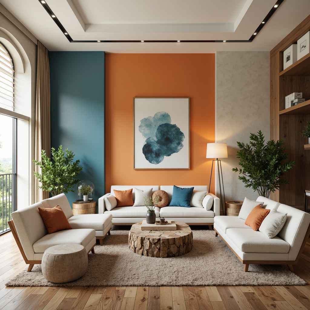 Prompt: Vibrant modern living room, bold accent walls, soft pastel furniture, rich wood flooring, natural stone coffee table, creamy white ceiling, warm ambient lighting, 3/4 composition, shallow depth of field, cozy intimate atmosphere, plush throw pillows, greenery accents, neutral beige tones, calming blue hues.