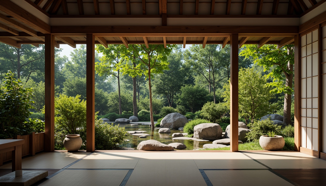 Prompt: Traditional Japanese tea house, serene natural surroundings, lush greenery, koi pond, stone lanterns, wooden accents, sliding screens, tatami mats, minimal ornamentation, subtle lighting, warm neutral tones, cultural authenticity, handcrafted details, natural textiles, earthy color palette, shallow depth of field, 3/4 composition, panoramic view, realistic textures, ambient occlusion.