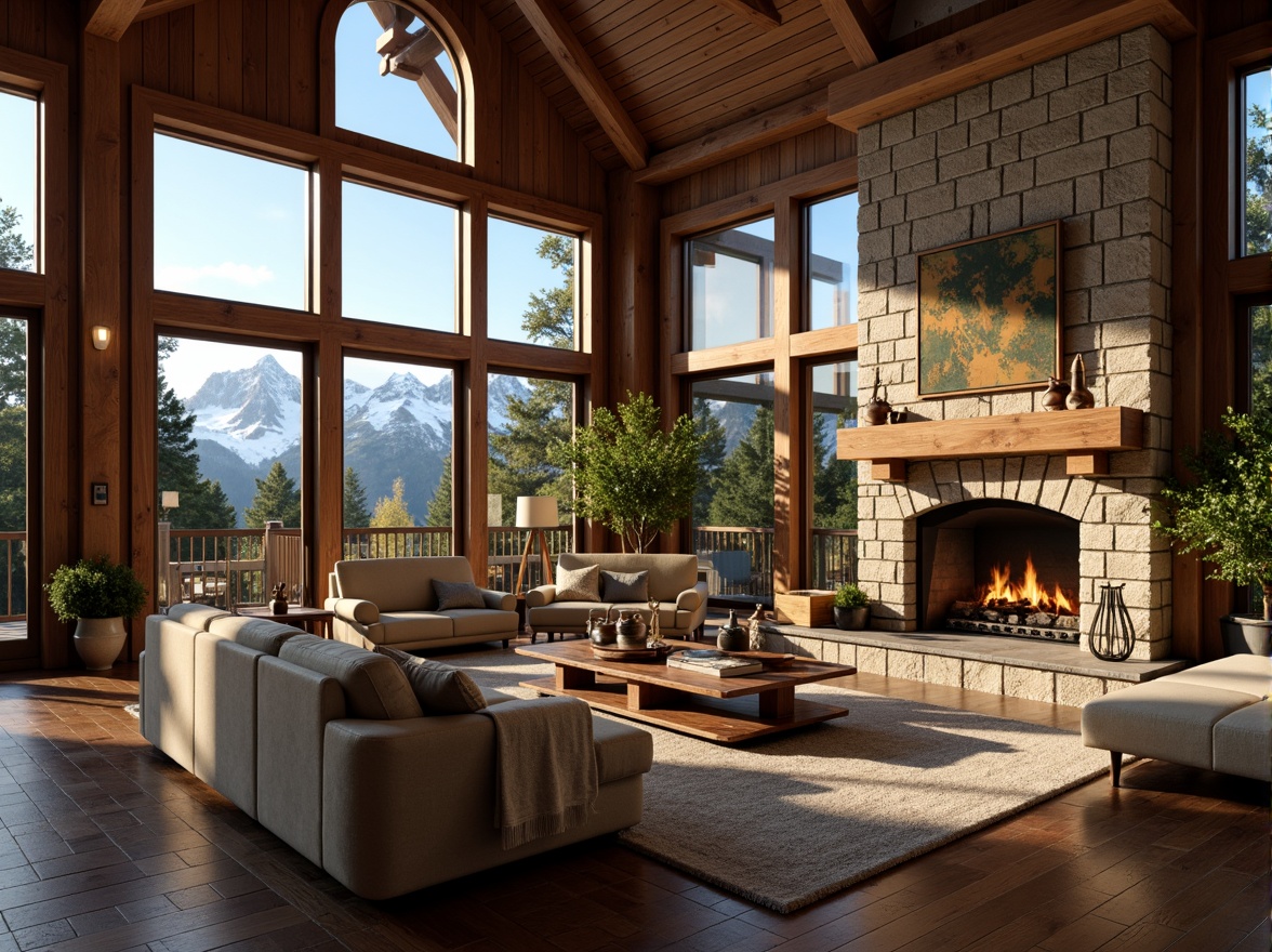 Prompt: Cozy great room, rustic stone fireplace, warm crackling flames, plush sofas, comfortable armchairs, soft golden lighting, rich wood accents, natural textures, earthy color palette, inviting atmosphere, relaxing ambiance, floor-to-ceiling windows, scenic outdoor views, snow-capped mountains, serene forest surroundings, afternoon sunbeams, gentle shadows, 1/2 composition, shallow depth of field, warm color grading.