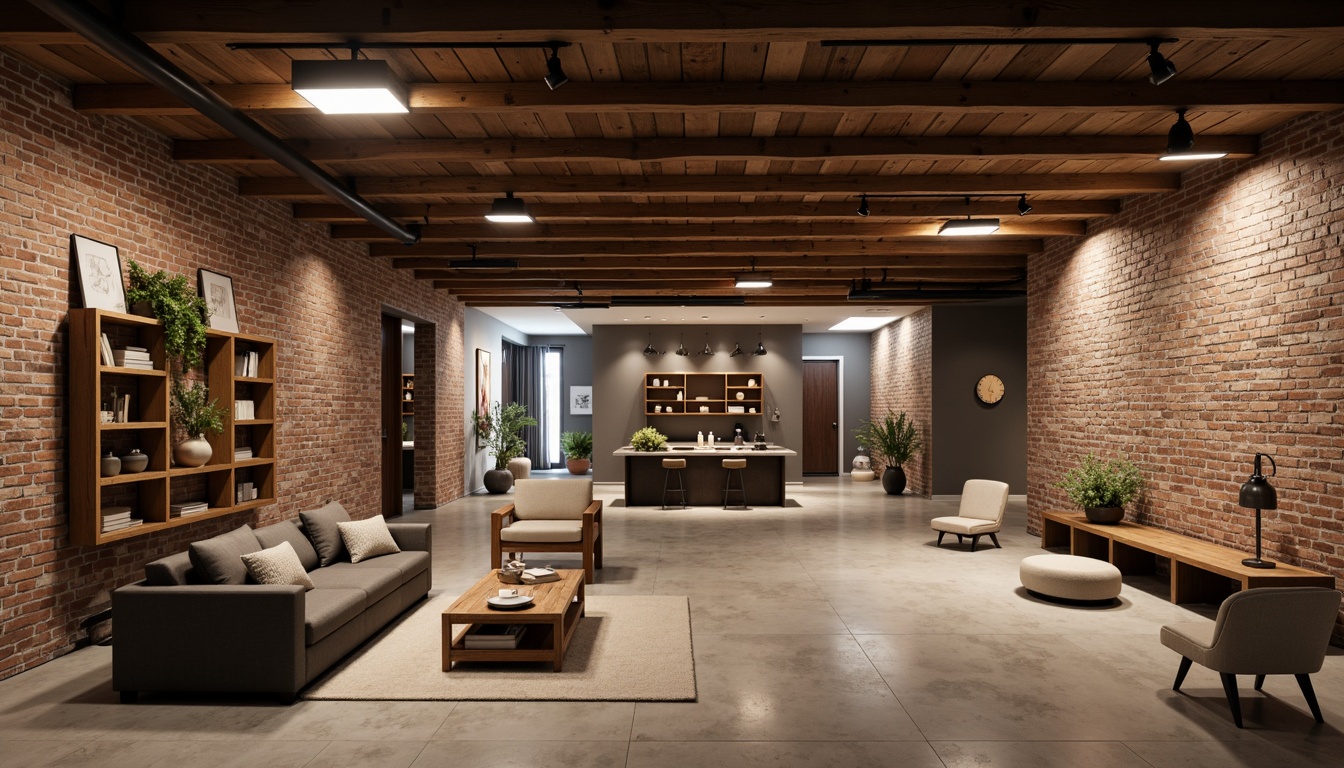 Prompt: Cozy basement ambiance, exposed brick walls, polished concrete floors, industrial-style lighting fixtures, modern minimalist decor, open-plan living areas, built-in shelving units, natural stone accent walls, wooden ceiling beams, earthy color palette, warm soft lighting, shallow depth of field, 1/1 composition, panoramic view, realistic textures, ambient occlusion.