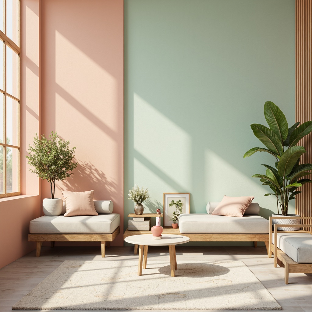 Prompt: Vibrant pastel hues, soft peach tones, calming mint greens, creamy whites, warm beige accents, rich wood textures, natural stone surfaces, sleek metal details, subtle gradient effects, modern minimalist aesthetic, airy open spaces, abundant natural light, 1/1 composition, shallow depth of field, realistic renderings.