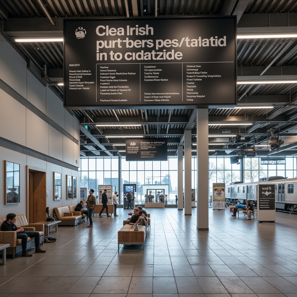 Prompt: Clean train station interior, minimalist design, sleek metal signage, wayfinding directions, modern typography, simple color scheme, ample natural light, high ceilings, sparse furniture, industrial flooring, stainless steel handrails, subtle branding elements, intuitive navigation, clear information displays, real-time scheduling boards, announcements screens, gentle ambient lighting, shallow depth of field, 1/1 composition, realistic textures, ambient occlusion.