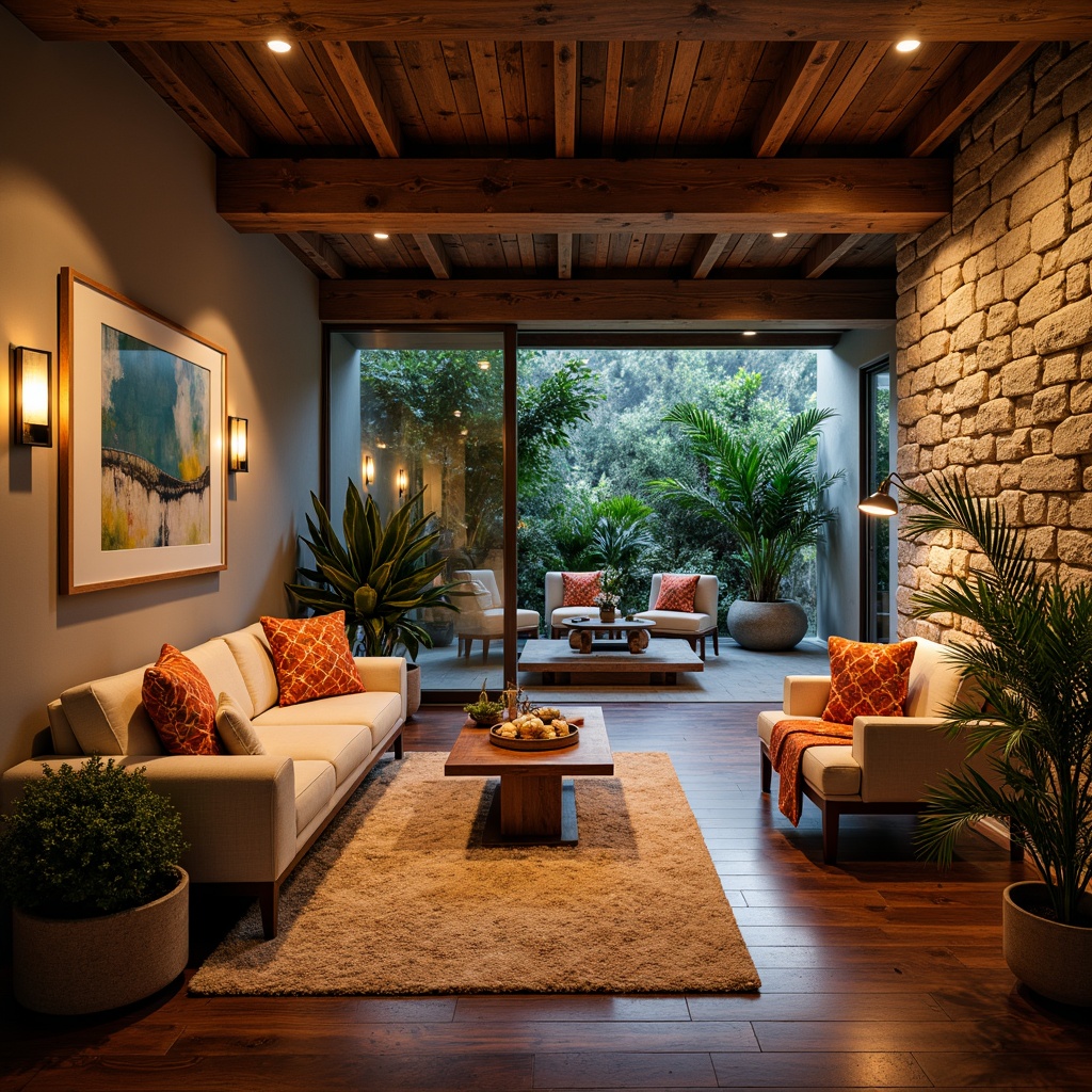 Prompt: Cozy basement living area, warm ambient lighting, plush carpeting, comfortable sofas, wooden coffee tables, vibrant artwork, natural stone walls, rustic metal beams, spacious open layout, floor-to-ceiling windows, sliding glass doors, lush greenery, tropical plants, soft warm color palette, shallow depth of field, 1/1 composition, realistic textures, ambient occlusion.