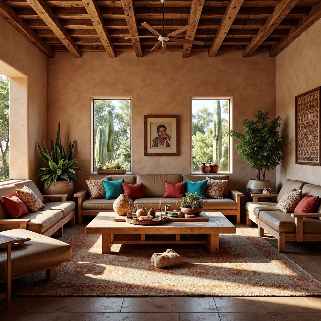 Prompt: Rustic southwestern living room, earthy tones, terracotta pottery, woven textiles, natural fiber rugs, wooden furniture, distressed finishes, leather upholstery, vibrant turquoise accents, geometric patterns, Native American-inspired artwork, cacti plants, warm desert sunlight, soft warm lighting, shallow depth of field, 3/4 composition, panoramic view.