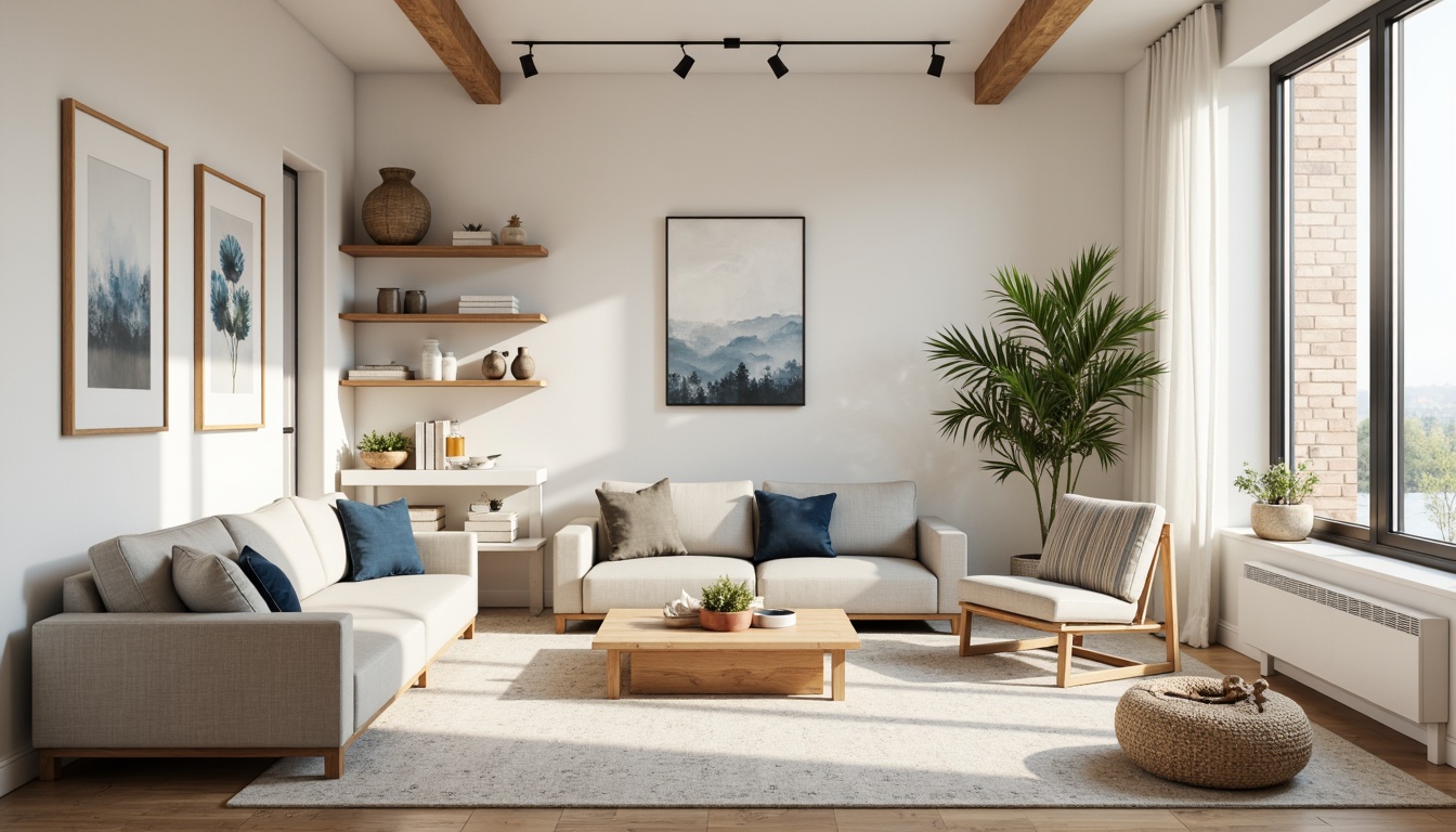 Prompt: Light-filled Nordic living room, minimalistic decor, soft beige walls, warm wooden accents, calming blue-gray tones, natural textiles, woven baskets, industrial metal fixtures, modern Scandinavian furniture, cozy throw blankets, abstract geometric patterns, matte white surfaces, ambient warm lighting, shallow depth of field, 1/1 composition, realistic wood grain textures, subtle color gradations.