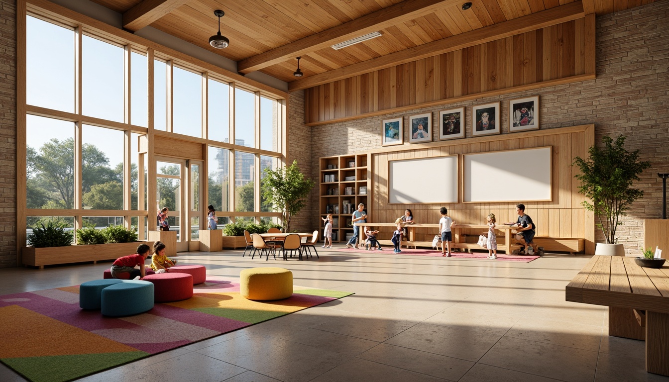 Prompt: Warm transitional style elementary school, natural stone fa\u00e7ade, large windows, wooden accents, open concept classrooms, collaborative learning spaces, ergonomic furniture, colorful rugs, interactive whiteboards, educational technology integration, soft warm lighting, shallow depth of field, 3/4 composition, panoramic view, realistic textures, ambient occlusion, vibrant student artwork displays, cozy reading nooks, flexible seating arrangements, built-in shelving units, earthy tone color palette, organic shapes, minimalist decor.