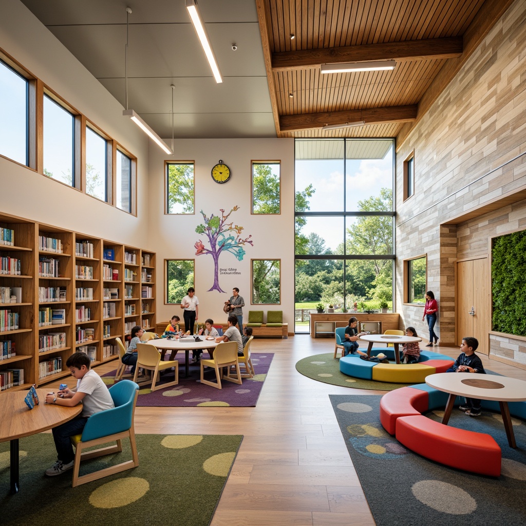 Prompt: Vibrant elementary school, transitional style architecture, natural stone fa\u00e7ade, wooden accents, large windows, soft warm lighting, collaborative learning spaces, colorful rug patterns, ergonomic desks, comfortable seating areas, interactive whiteboards, educational technology integration, cozy reading nooks, flexible modular furniture, open shelves, playful decorative elements, green walls, airy atmosphere, shallow depth of field, 3/4 composition, realistic textures, ambient occlusion.