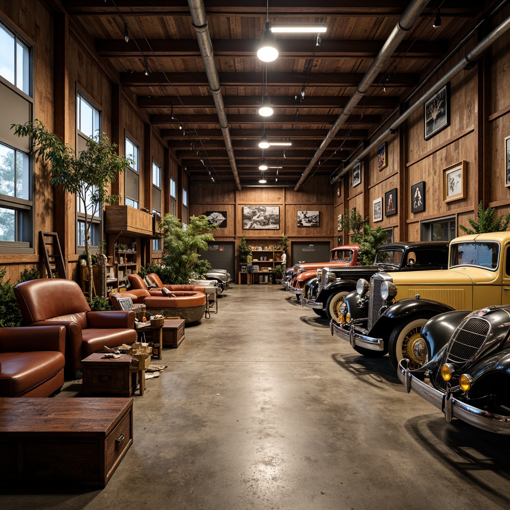 Prompt: Rustic garage, industrial metal beams, concrete floors, vintage car displays, distressed wood accents, earthy color tones, rich leathers, polished chrome details, warm ambient lighting, shallow depth of field, 1/2 composition, realistic textures, subtle noise effect.