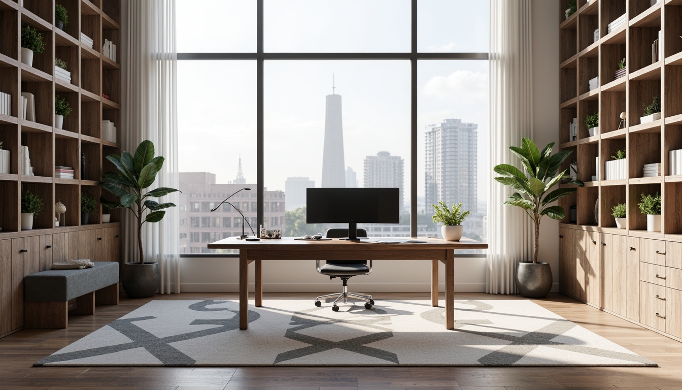 Prompt: Modern home office, sleek minimalist desk, ergonomic chair, adjustable monitor stand, task lamp, floor-to-ceiling bookshelves, industrial metal filing cabinets, geometric-patterned rug, white walls, large windows, natural light, urban cityscape view, shallow depth of field, 1/1 composition, softbox lighting, realistic wood textures.