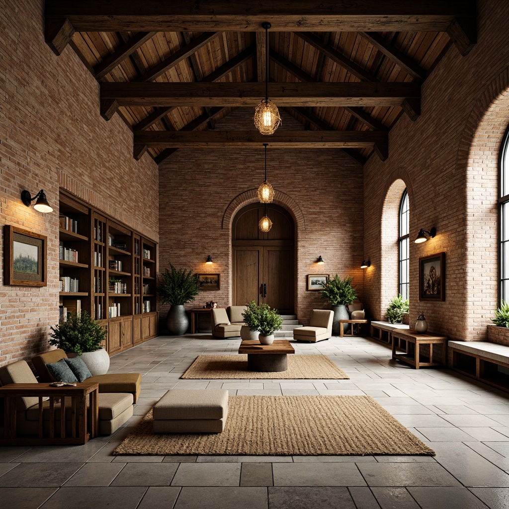 Prompt: Rustic monastery setting, open floor plan layout, industrial-style steel beams, reclaimed wood accents, exposed brick walls, distressed metal pipes, vintage pendant lighting, minimalist decor, earthy color palette, natural stone flooring, plush area rugs, cozy reading nooks, built-in wooden benches, floor-to-ceiling bookshelves, warm atmospheric lighting, soft shadows, 1/1 composition, shallow depth of field, realistic textures.