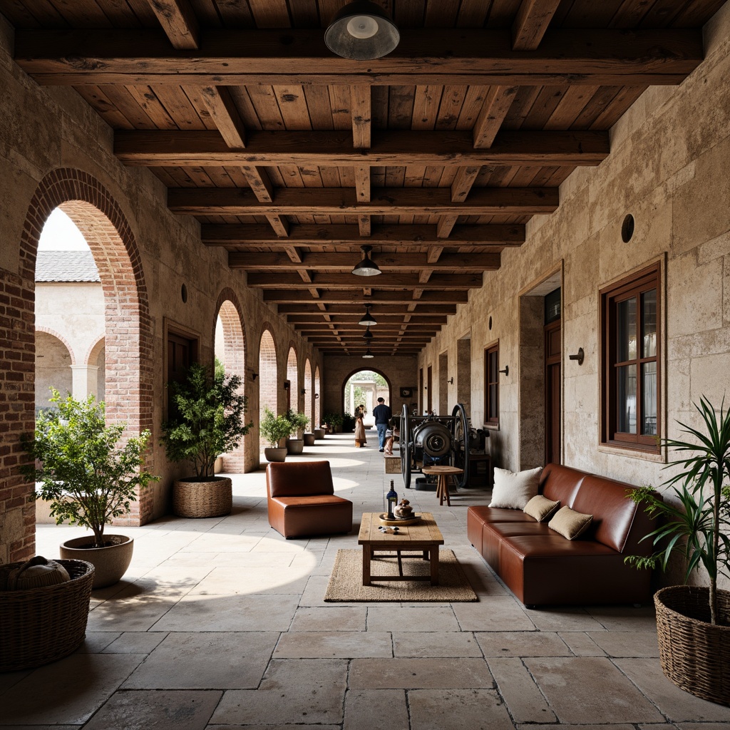 Prompt: Rustic monastery courtyard, exposed brick walls, reclaimed wood accents, industrial metal beams, distressed stone floors, worn leather furniture, vintage machinery parts, earthy color palette, natural textiles, woven baskets, potted plants, soft warm lighting, shallow depth of field, 3/4 composition, realistic textures, ambient occlusion.