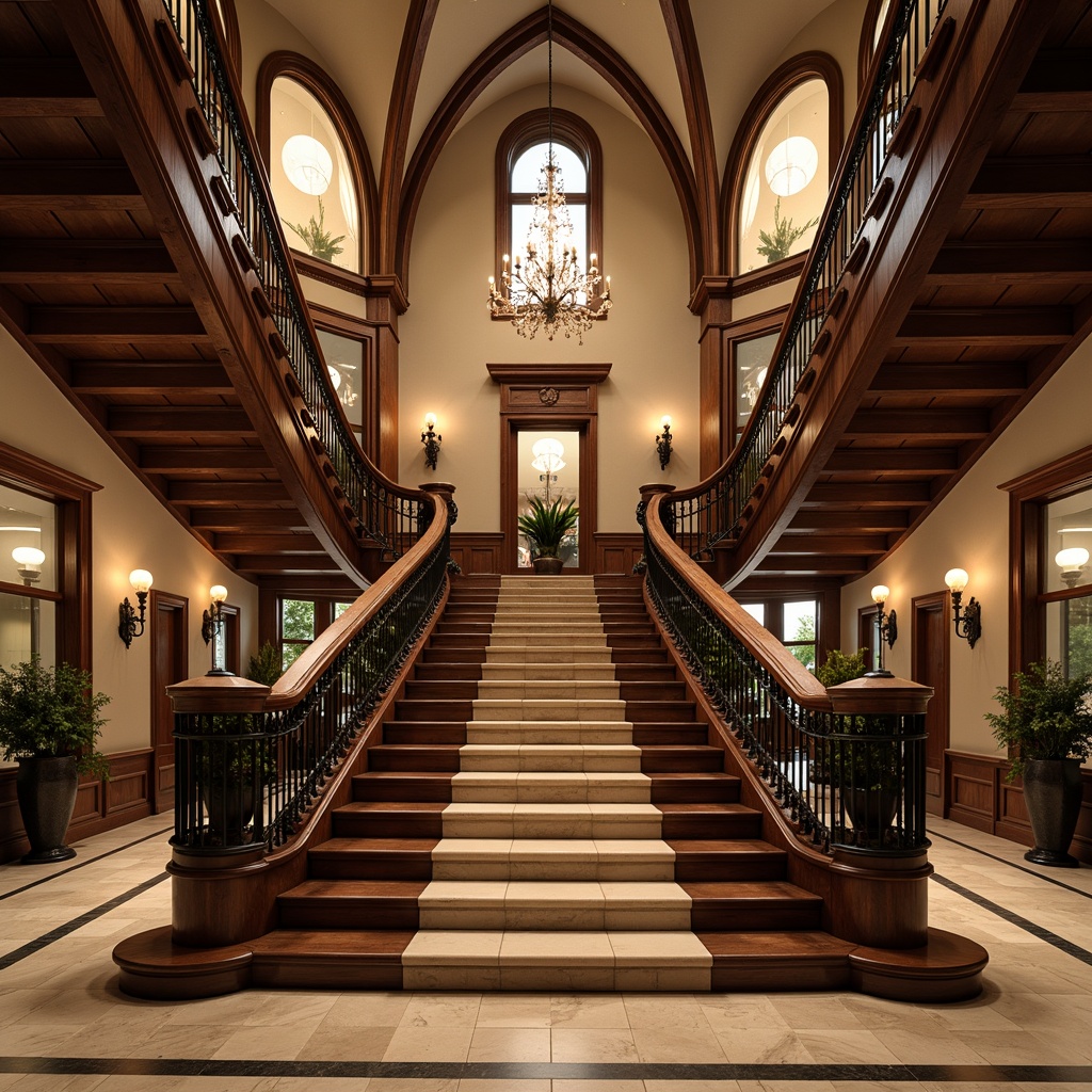 Prompt: Grand staircase, ornate banisters, intricate carvings, luxurious marble floors, elegant wrought iron railings, symmetrical balusters, curved handrails, rich wood tones, ornamental newel posts, lavish chandeliers, dramatic ceiling heights, ambient warm lighting, shallow depth of field, 1/1 composition, realistic textures, soft focus effect.