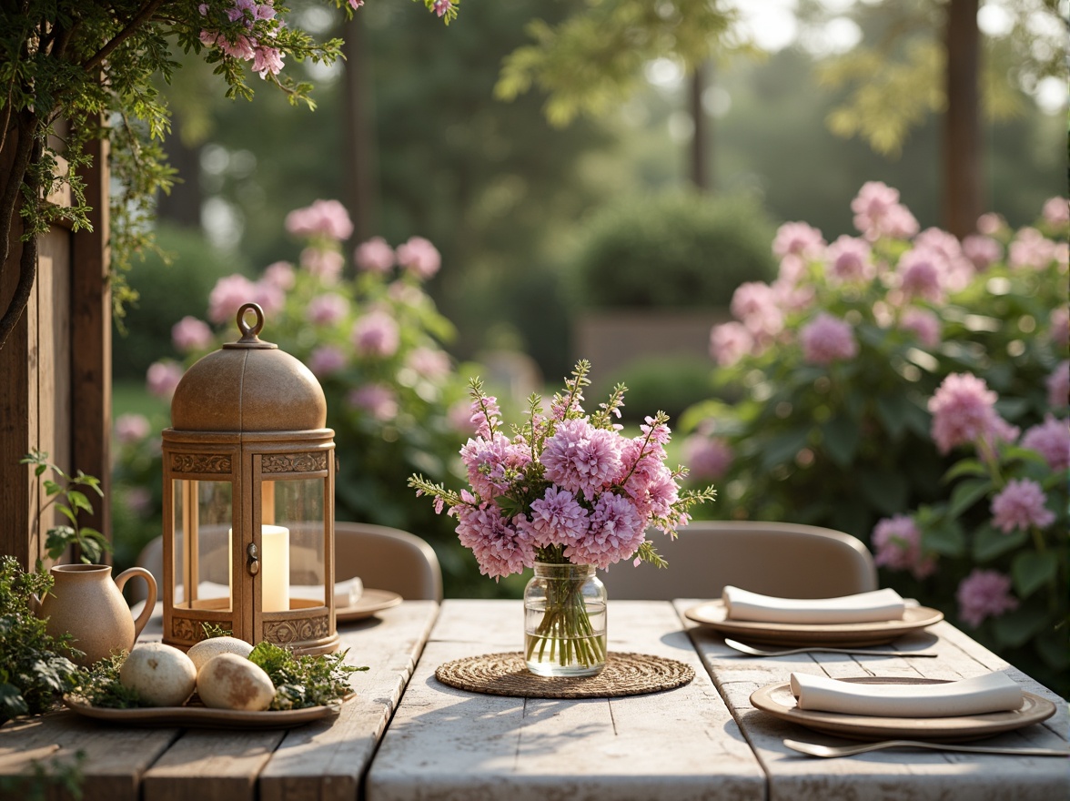 Prompt: Pastel lilac hues, soft peach tones, creamy whites, warm beige accents, lush greenery, delicate florals, whimsical garden scenery, vintage distressed textures, rustic wooden elements, ornate metal fixtures, romantic candlelight, dreamy shallow focus, 1/2 composition, intimate close-ups, gentle natural light, serene atmosphere.