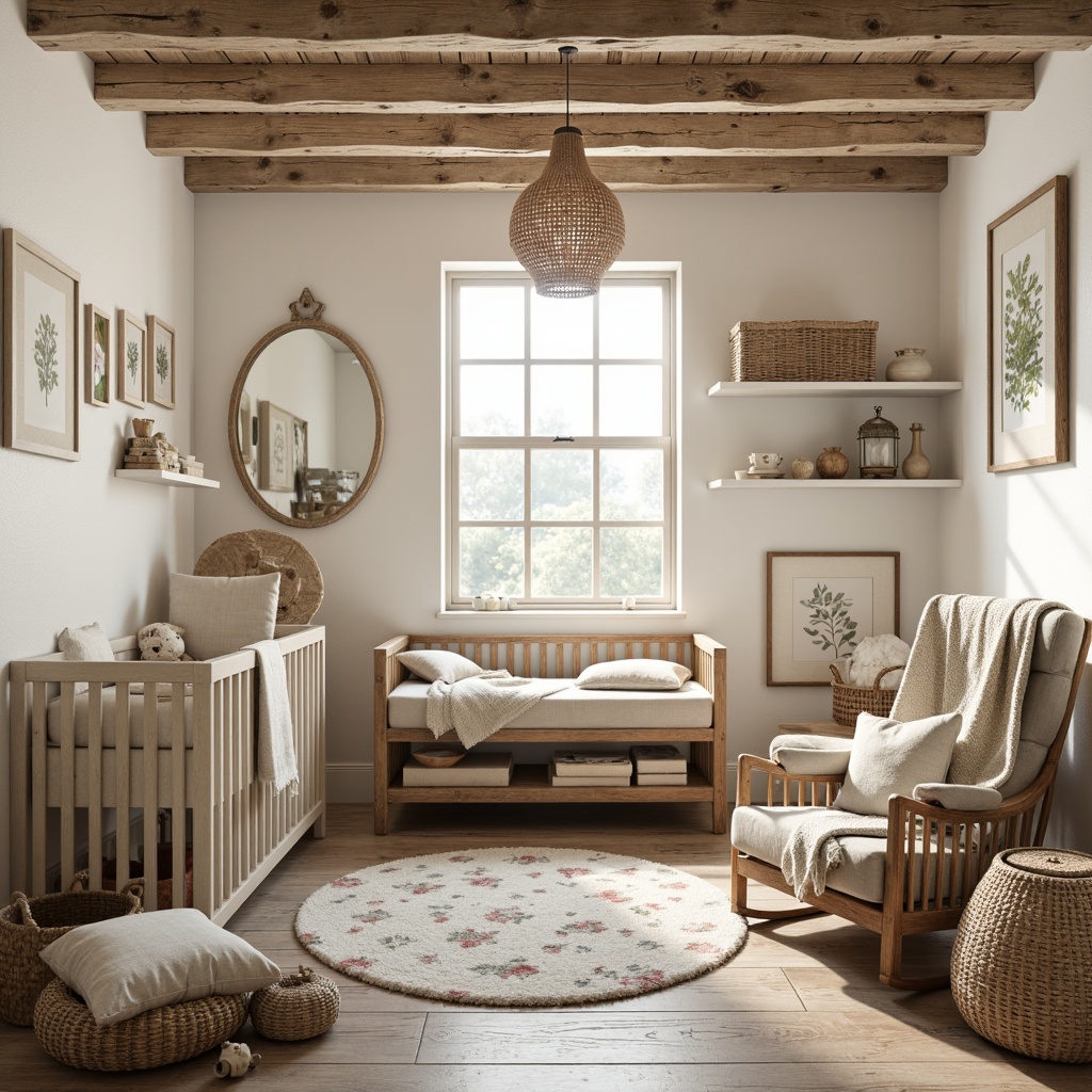 Prompt: Rustic baby room, distressed wood furniture, vintage metal decor, soft pastel colors, fluffy textiles, plush toys, natural linen fabrics, woven baskets, wooden cribs, antique rocking chairs, cozy reading nooks, warm pendant lighting, earthy tone walls, floral patterned rugs, botanical prints, whimsical mobiles, creamy whites, weathered wood accents, farmhouse charm, intimate atmosphere, gentle shadows, 1/1 composition, soft focus, natural textures.