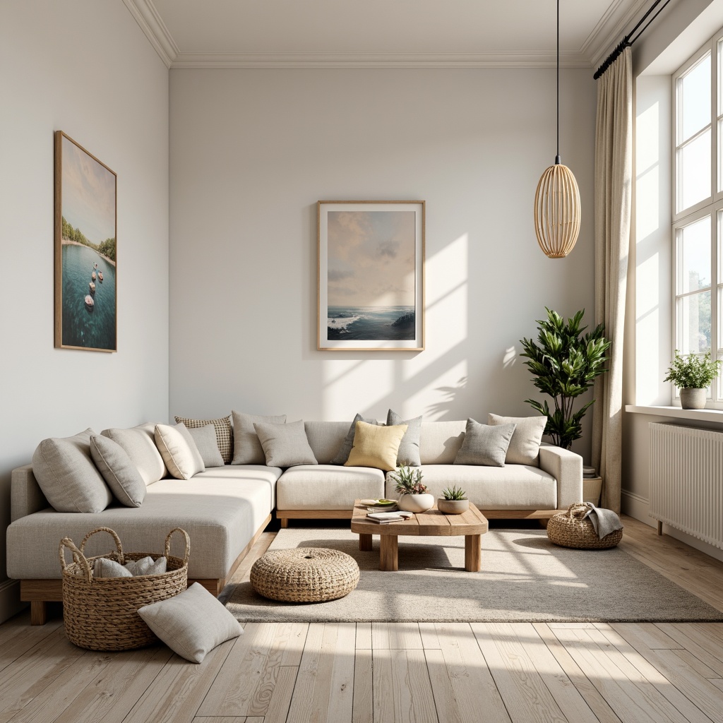 Prompt: Light-filled Scandinavian living room, minimalist decor, soft beige walls, pale wood flooring, natural textiles, woven baskets, creamy whites, warm grays, subtle blues, mossy greens, earthy tones, organic shapes, clean lines, Nordic-inspired furniture, wooden accents, paper-thin pendant lights, cozy throw blankets, nature-inspired artwork, gentle morning light, shallow depth of field, 1/1 composition, soft focus, realistic textures.