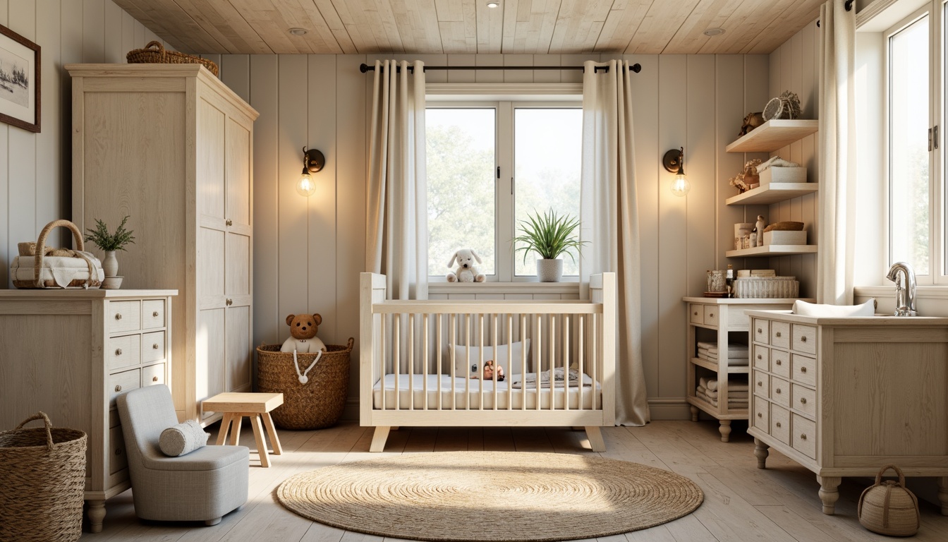 Prompt: Rustic baby nursery, vintage farmhouse decor, soft warm lighting, distressed wood accents, cream-colored walls, antique wooden cribs, plush toys, woven baskets, natural fiber rugs, linen drapes, mason jars, pendant lamps, industrial metal shades, Edison bulbs, warm beige tones, creamy whites, soft pastels, cozy textures, shallow depth of field, 1/1 composition, soft focus, gentle ambiance.