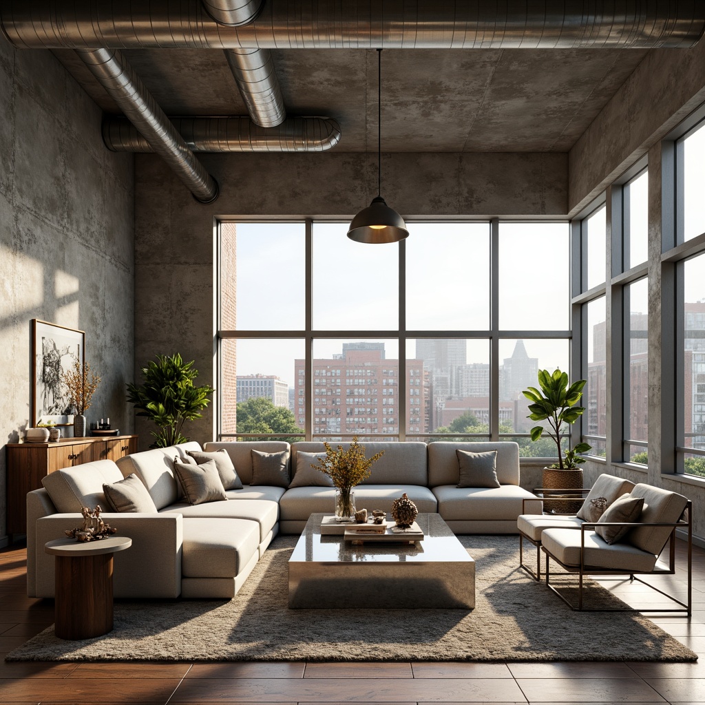 Prompt: Luxurious living room, metallic accents, polished chrome fixtures, sleek silver coffee table, industrial-chic exposed ductwork, reclaimed wood flooring, neutral color palette, oversized windows, natural light pouring in, soft warm glow, subtle shine, 3/4 composition, shallow depth of field, ambient occlusion, modern minimalist decor, stylish pendant lighting, metallic-edged mirrors, sophisticated urban ambiance.