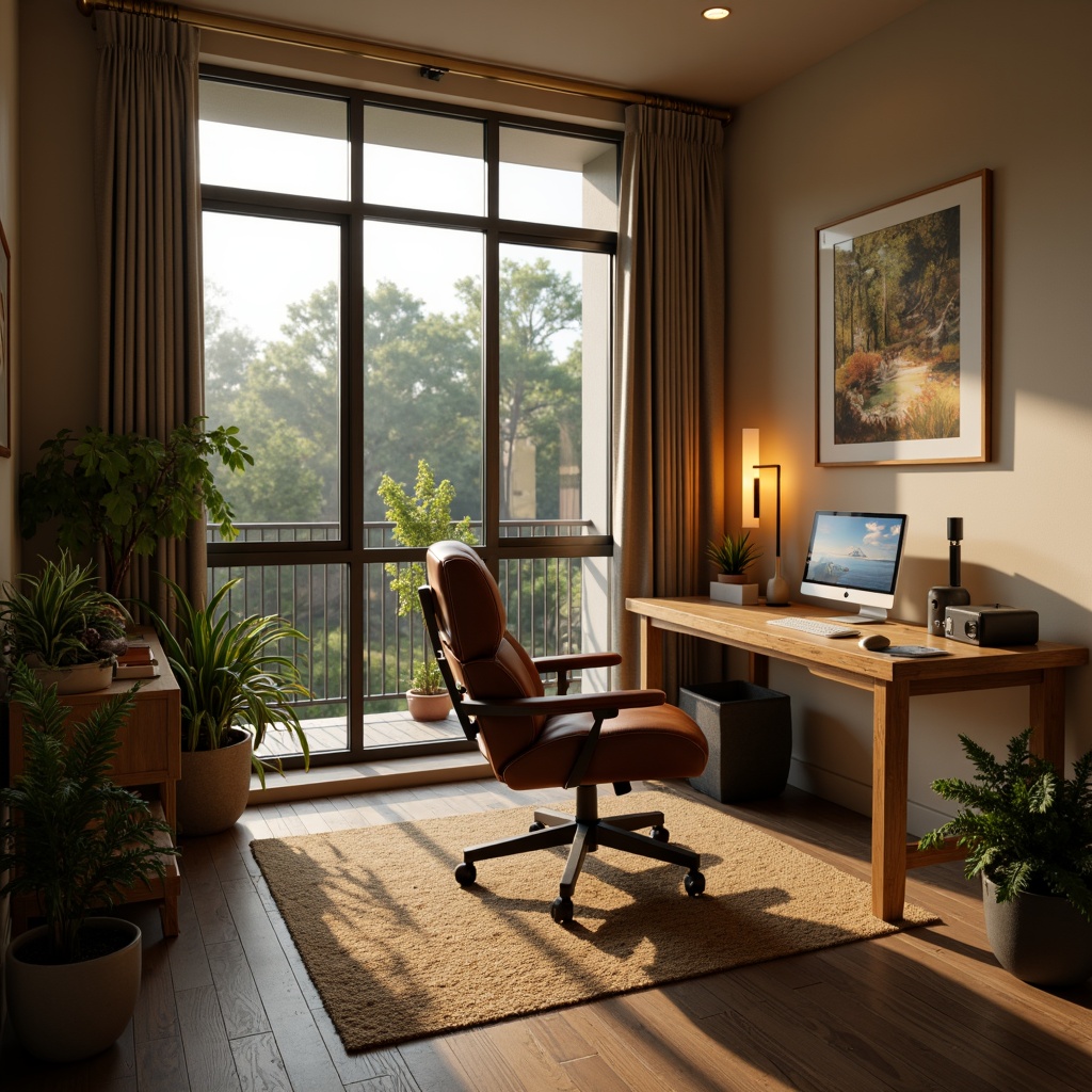 Prompt: Cozy home office, wooden desk, comfortable ergonomic chair, warm beige walls, natural fiber rug, floor-to-ceiling windows, soft diffused lighting, modern table lamp, minimalist pendant light, warm white LED strips, subtle ambient glow, task-oriented under-cabinet lighting, inspirational artwork, lush green plants, calming water feature, peaceful morning atmosphere, gentle warm color palette, 1/1 composition, shallow depth of field, realistic textures.