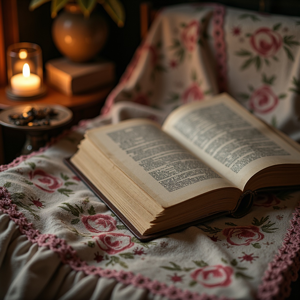 Prompt: Distressed velvet fabrics, soft pastel hues, faded floral patterns, worn leather textures, antique lace trims, vintage-inspired embroidery, rustic wooden accents, distressed metal hardware, muted color palette, warm candlelight ambiance, cozy reading nook setup, 1/1 composition, intimate close-up shot, soft focus effect, natural fabric folds, subtle texture details.