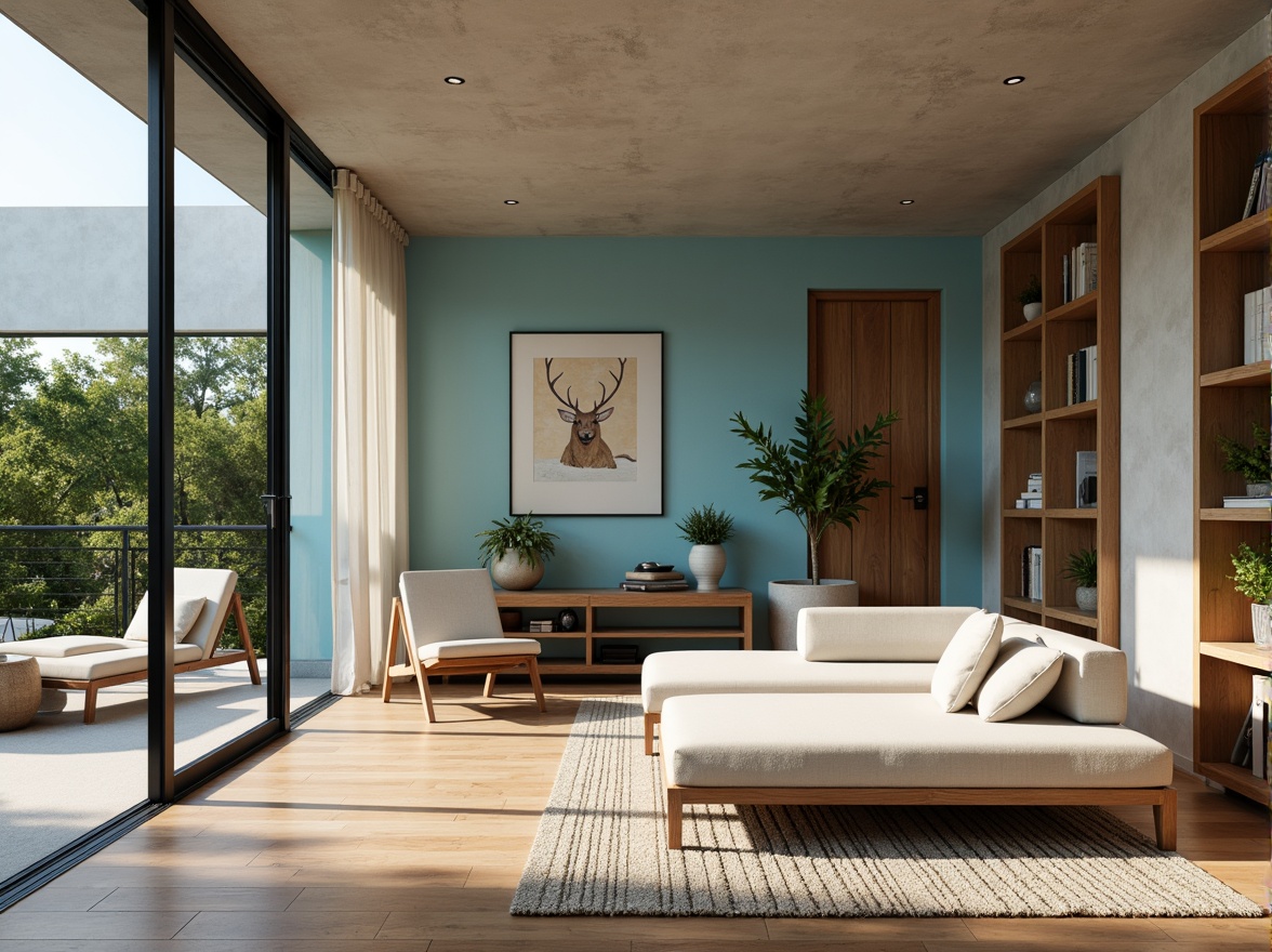 Prompt: Light blue accent walls, natural wood flooring, mid-century modern furniture, sleek lines, minimal ornamentation, organic shapes, earthy tones, cozy reading nooks, floor-to-ceiling windows, sliding glass doors, lush greenery, soft warm lighting, 3/4 composition, realistic textures, ambient occlusion.